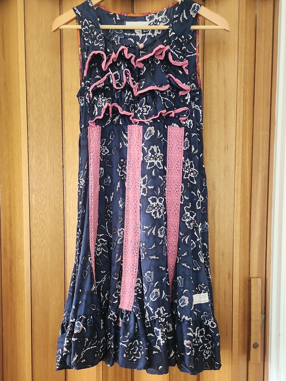 Odd Molly Silk Floral Ruffle Dress with Pink Lace Trim